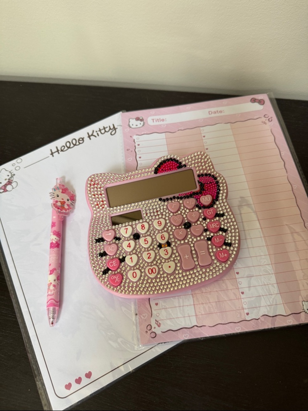Hello Kitty Pink Rhinestone Calculator & Notepad Set